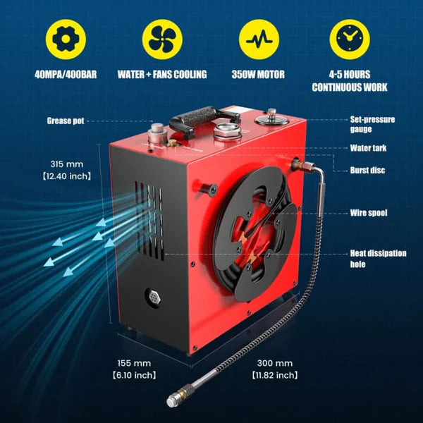 12V/220V TITANIUM MINI HIGH PRESSURE COMPRESSOR, 13L/MIN, AUTO STOP 300 BAR FILL PRESSURE