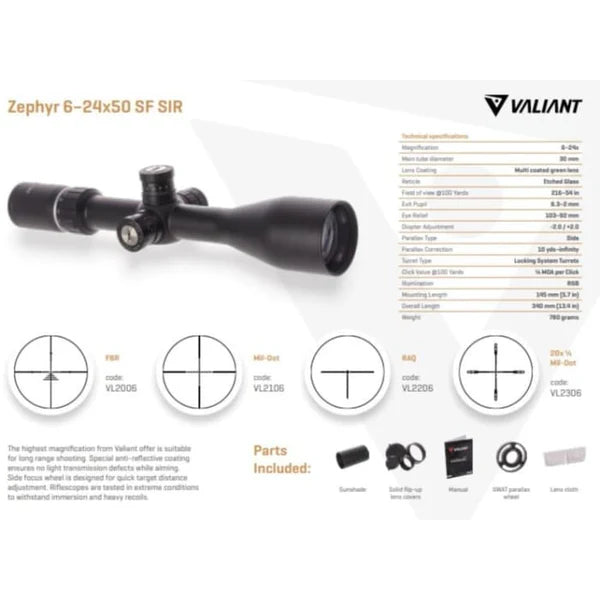 Valiant Zephyr VL2106 6-24X50 SF SIR MIL DOT Scope