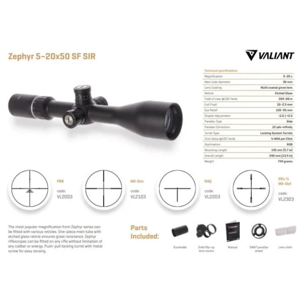 Valiant Zephyr VL2303 5-20X50 SF SIR 1/2 MIL DOT Scope